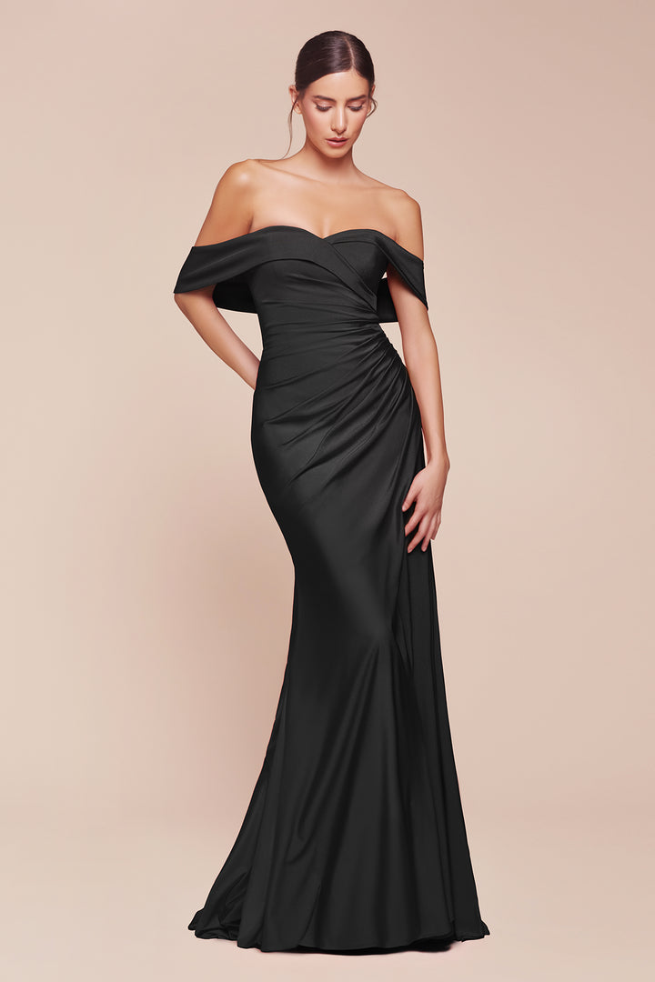 Satin Fitted Off Shoulder Slit Gown by Ladivine CD790