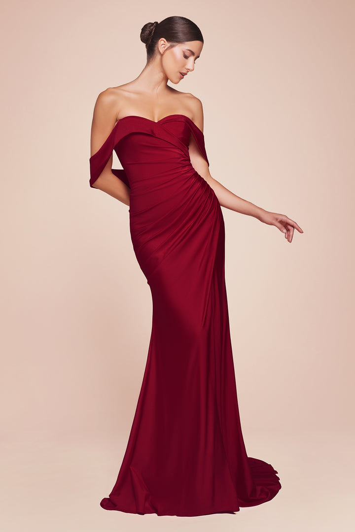 Satin Fitted Off Shoulder Slit Gown by Ladivine CD790