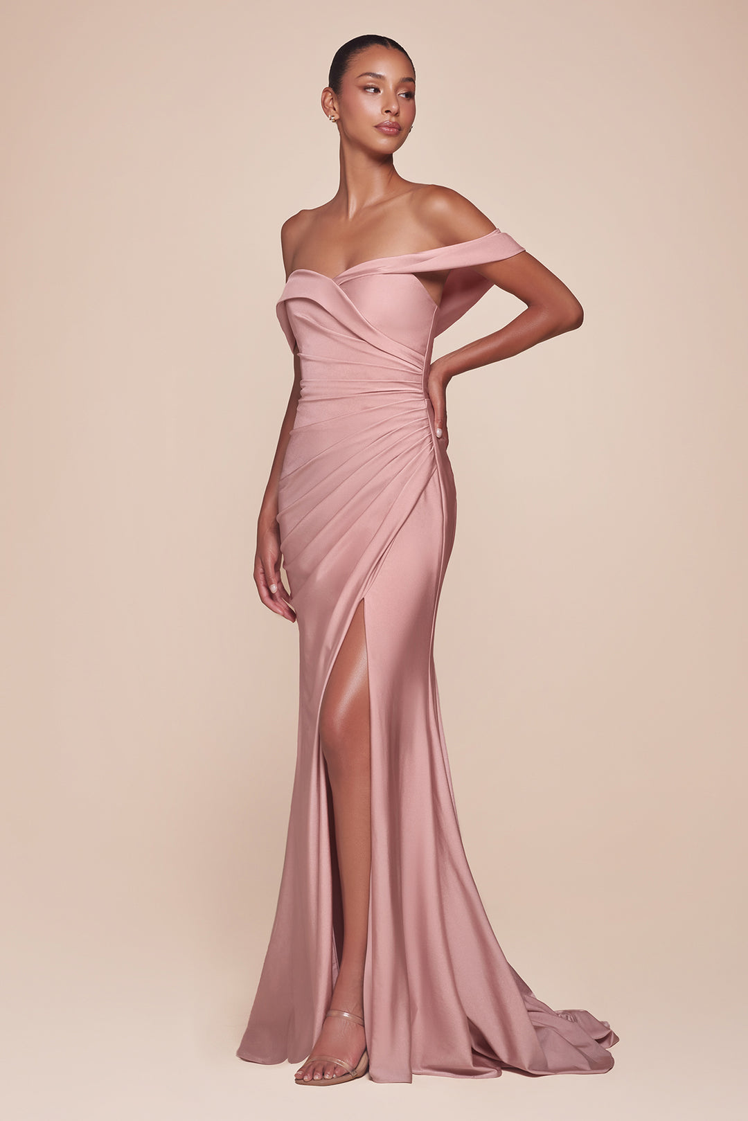 Satin Fitted Off Shoulder Slit Gown by Ladivine CD790