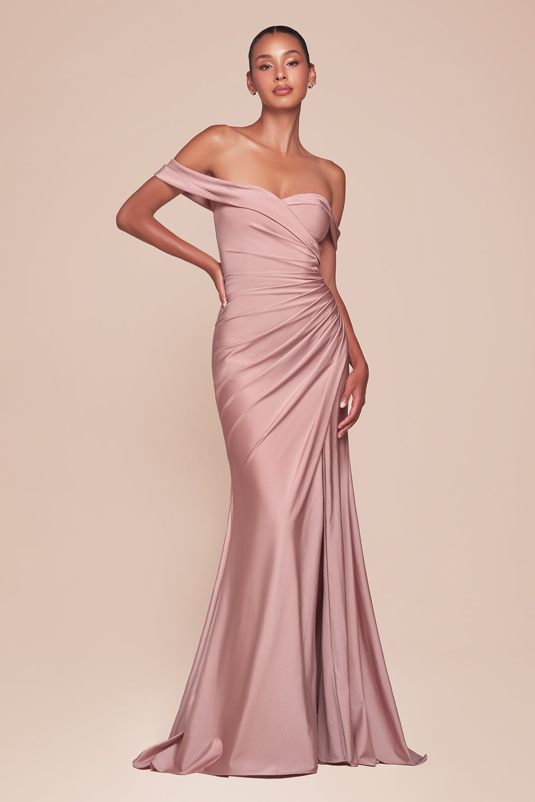 Satin Fitted Off Shoulder Slit Gown by Ladivine CD790