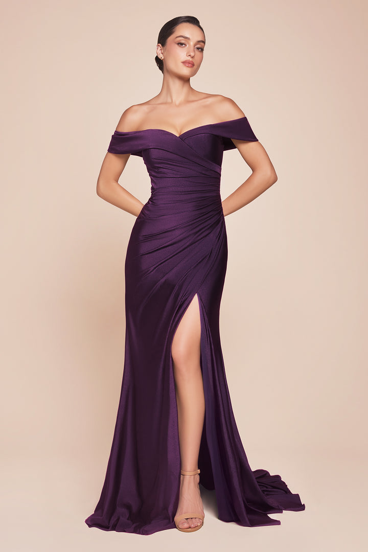 Satin Fitted Off Shoulder Slit Gown by Ladivine CD790