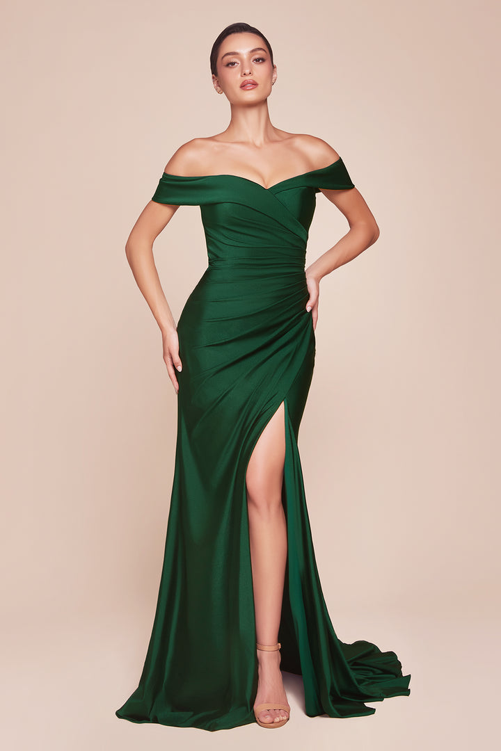 Satin Fitted Off Shoulder Slit Gown by Ladivine CD790