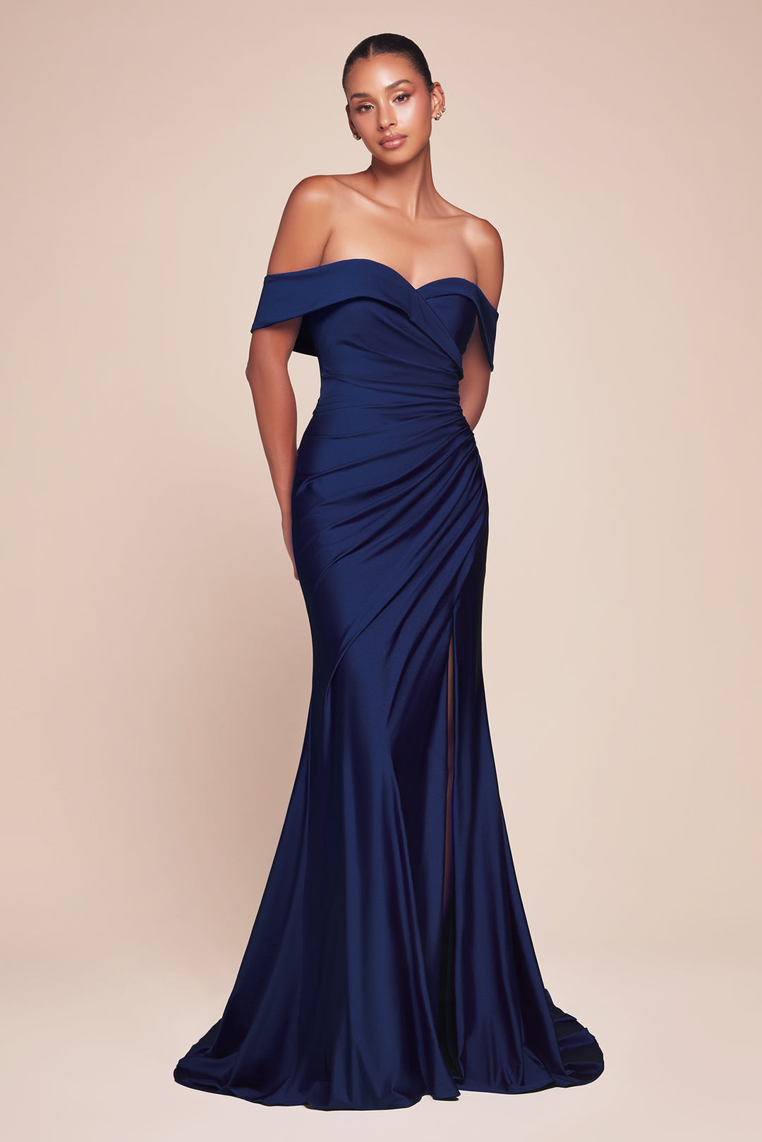 Satin Fitted Off Shoulder Slit Gown by Ladivine CD790