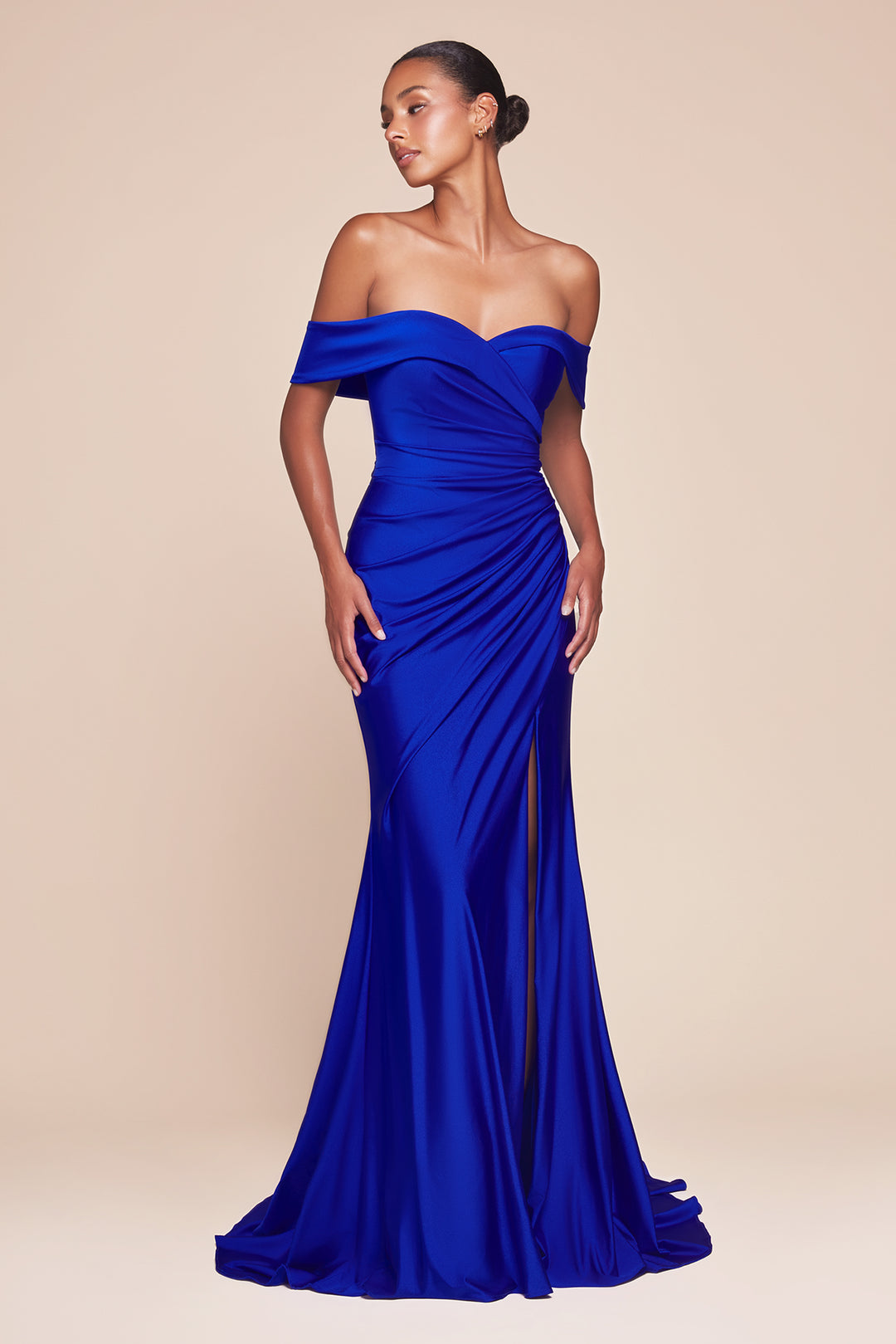 Satin Fitted Off Shoulder Slit Gown by Ladivine CD790