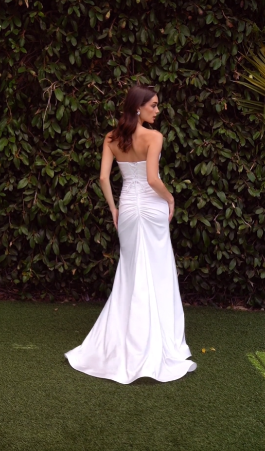 Satin White Strapless Slit Gown by Ladivine CD791W