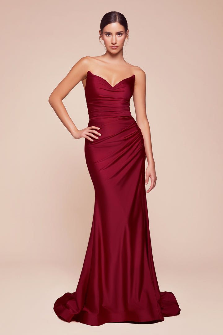 Satin Fitted Strapless Slit Gown by Ladivine CD791