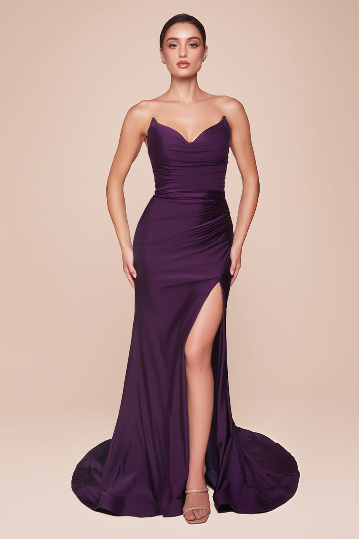 Satin Fitted Strapless Slit Gown by Ladivine CD791