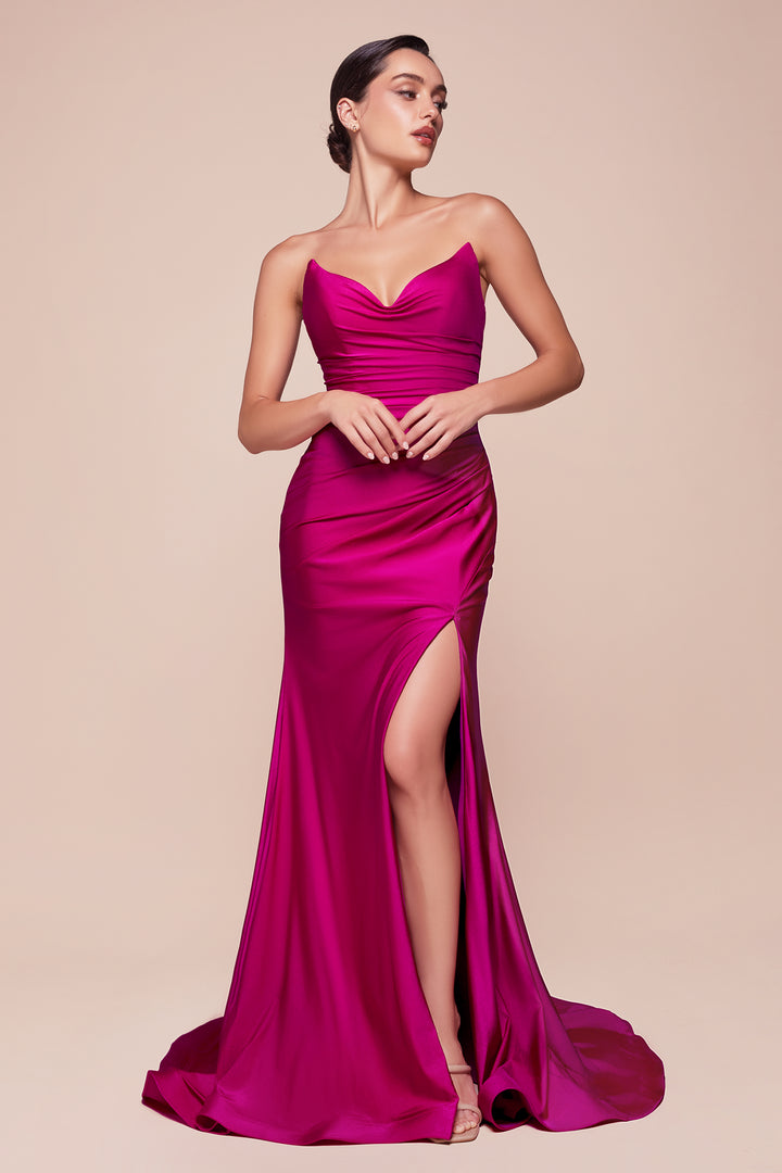 Satin Fitted Strapless Slit Gown by Ladivine CD791