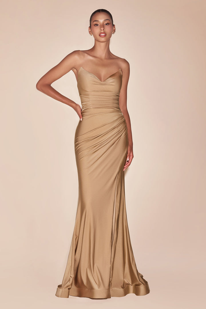 Satin Fitted Strapless Slit Gown by Ladivine CD791