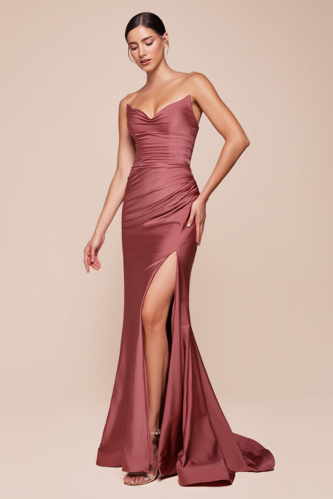 Satin Fitted Strapless Slit Gown by Ladivine CD791