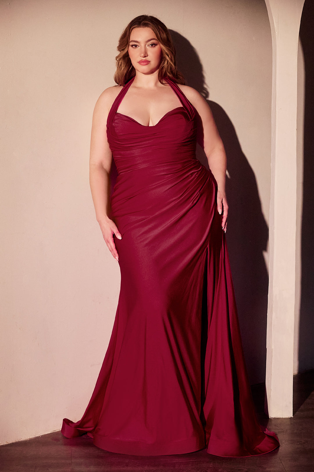 Plus Size Satin Fitted Halter Slit Gown by Ladivine CD796C