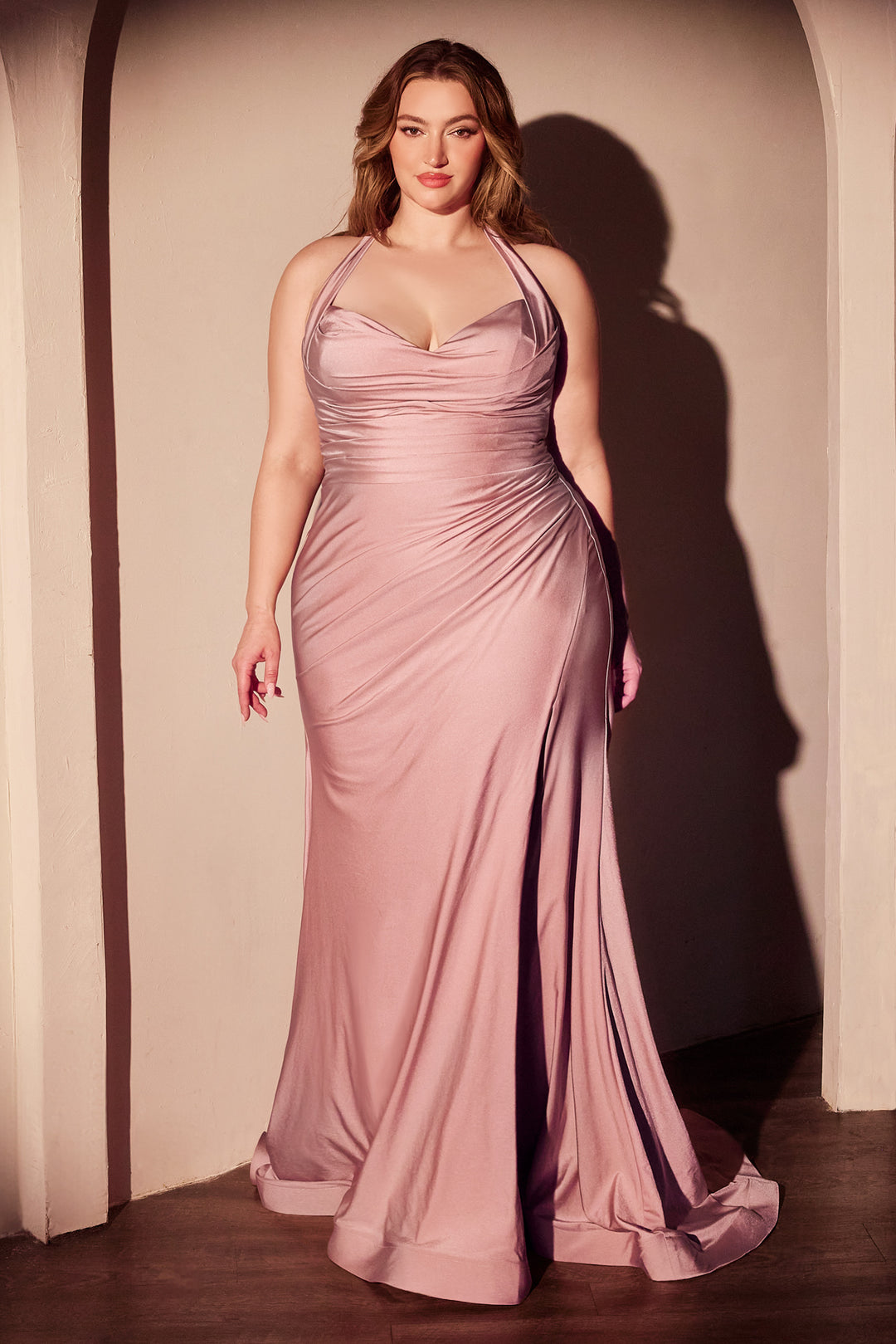 Plus Size Satin Fitted Halter Slit Gown by Ladivine CD796C