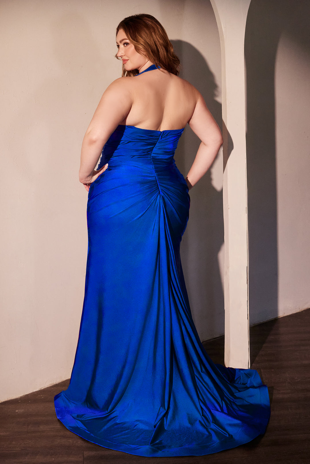 Plus Size Satin Fitted Halter Slit Gown by Ladivine CD796C