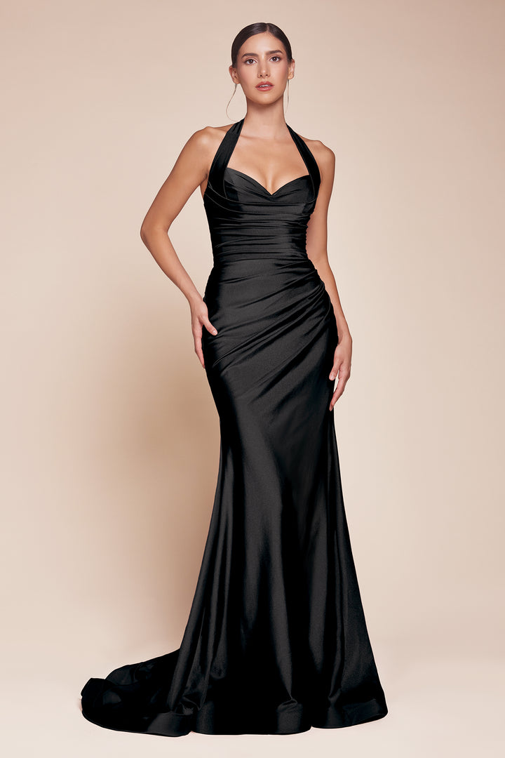 Plus Size Satin Fitted Halter Slit Gown by Ladivine CD796C