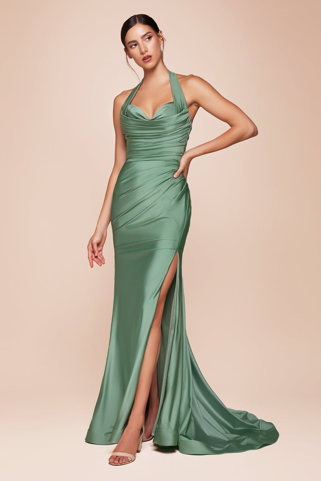 Plus Size Satin Fitted Halter Slit Gown by Ladivine CD796C