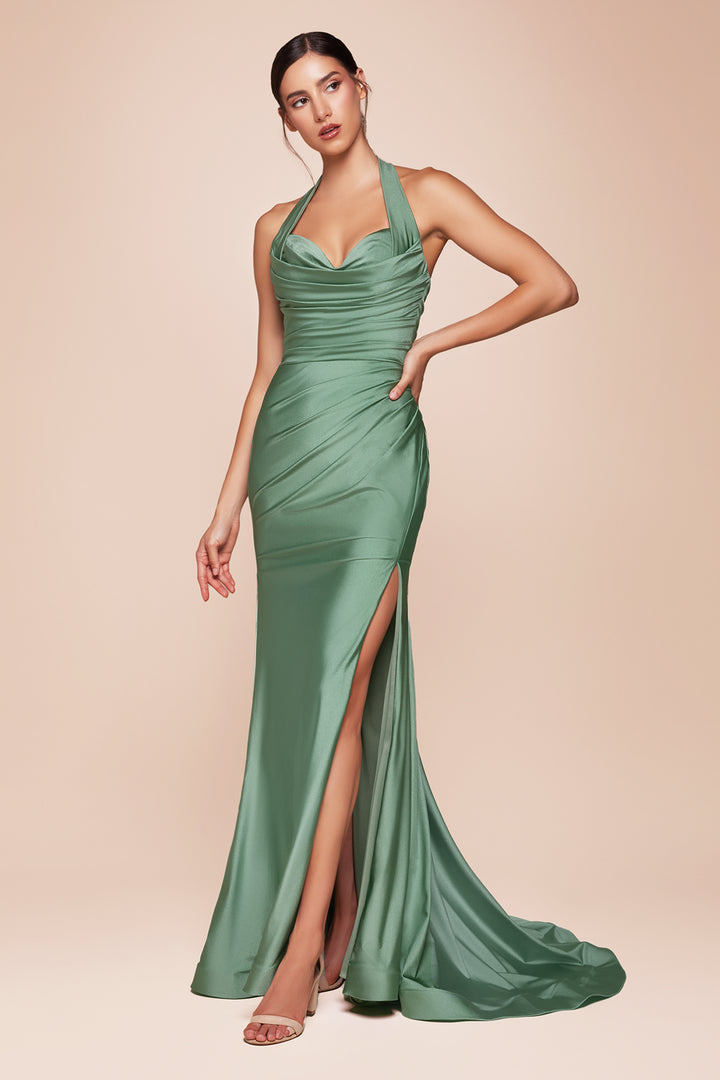 Satin Fitted Long Halter Slit Dress by Ladivine CD796