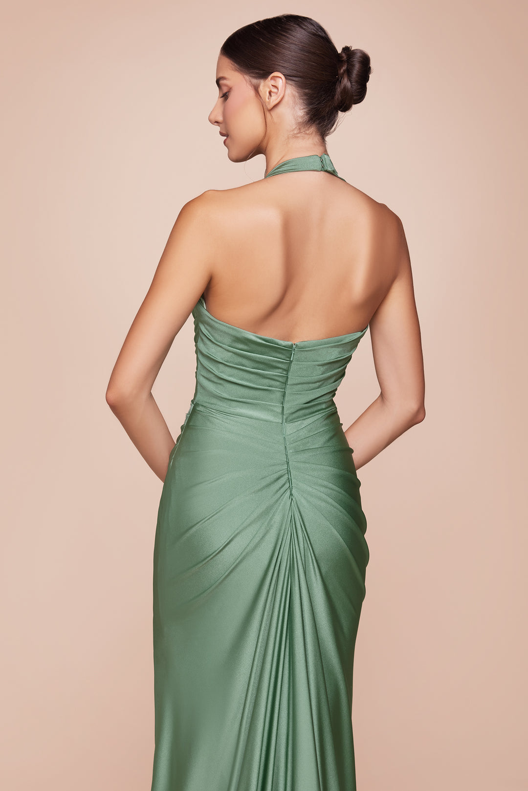 Plus Size Satin Fitted Halter Slit Gown by Ladivine CD796C