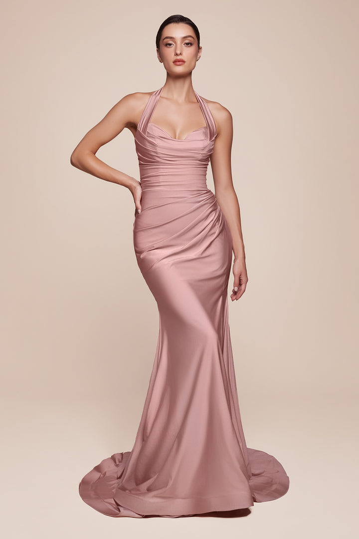 Satin Fitted Long Halter Slit Dress by Ladivine CD796