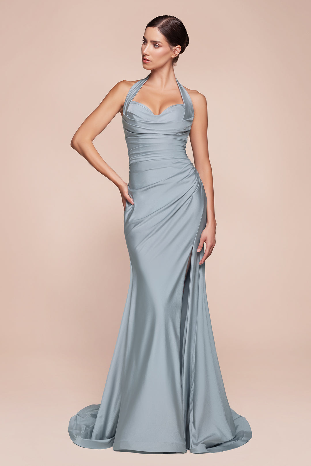 Satin Fitted Long Halter Slit Dress by Ladivine CD796 - Outlet