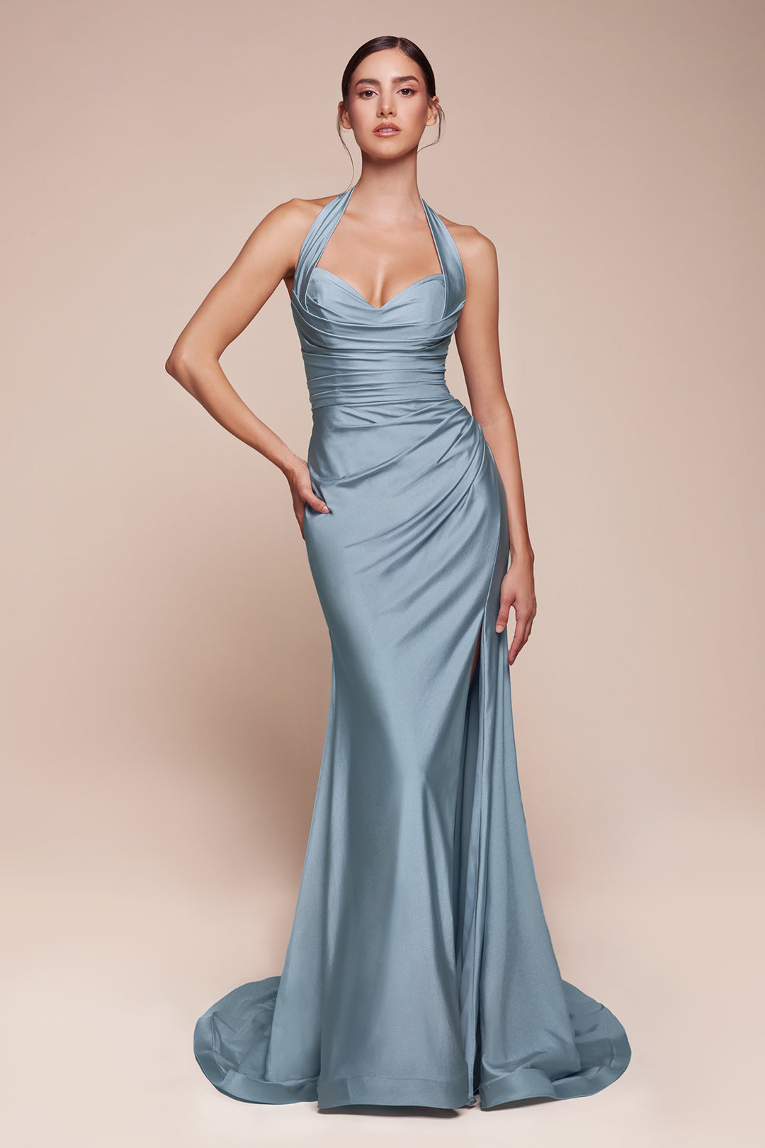 Satin Fitted Long Halter Slit Dress by Ladivine CD796