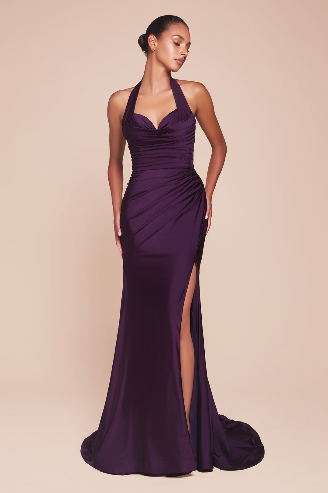 Plus Size Satin Fitted Halter Slit Gown by Ladivine CD796C