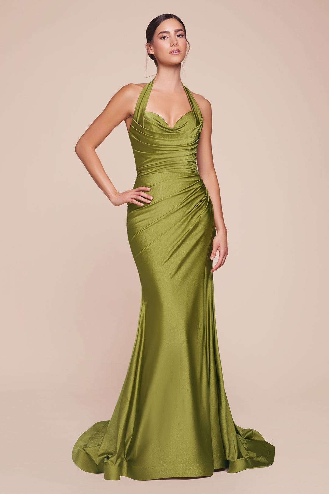 Plus Size Satin Fitted Halter Slit Gown by Ladivine CD796C