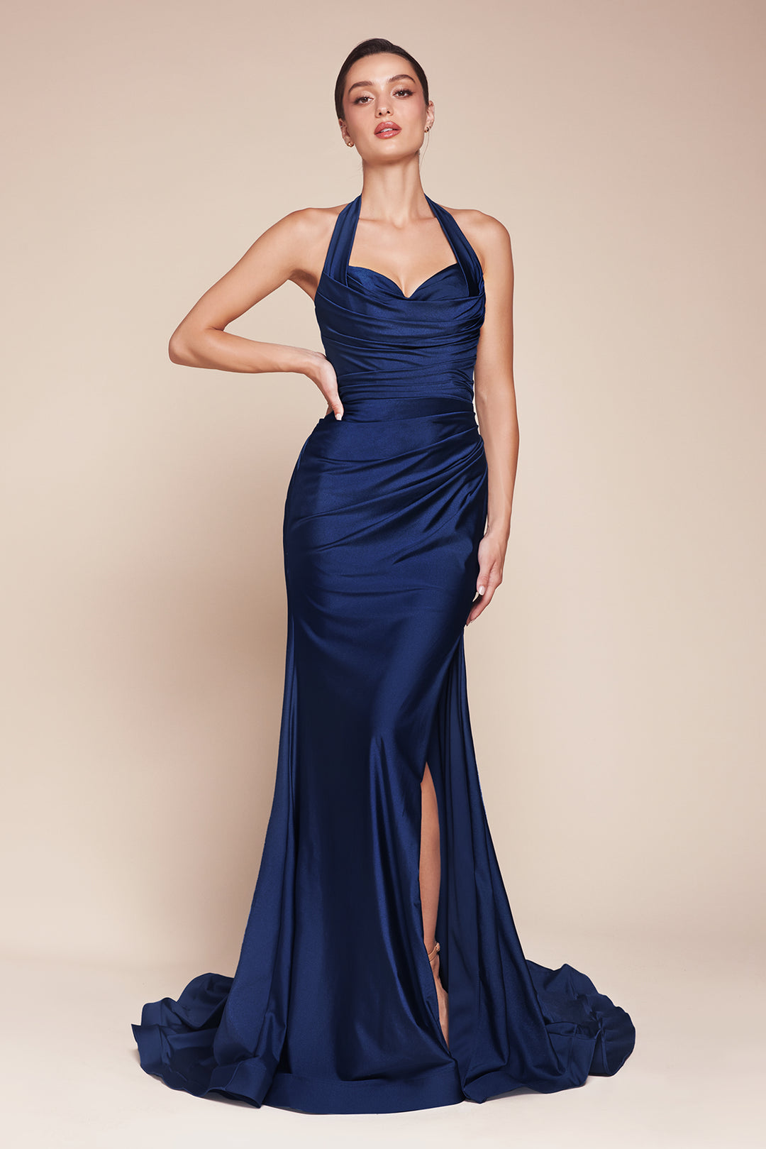 Satin Fitted Long Halter Slit Dress by Ladivine CD796