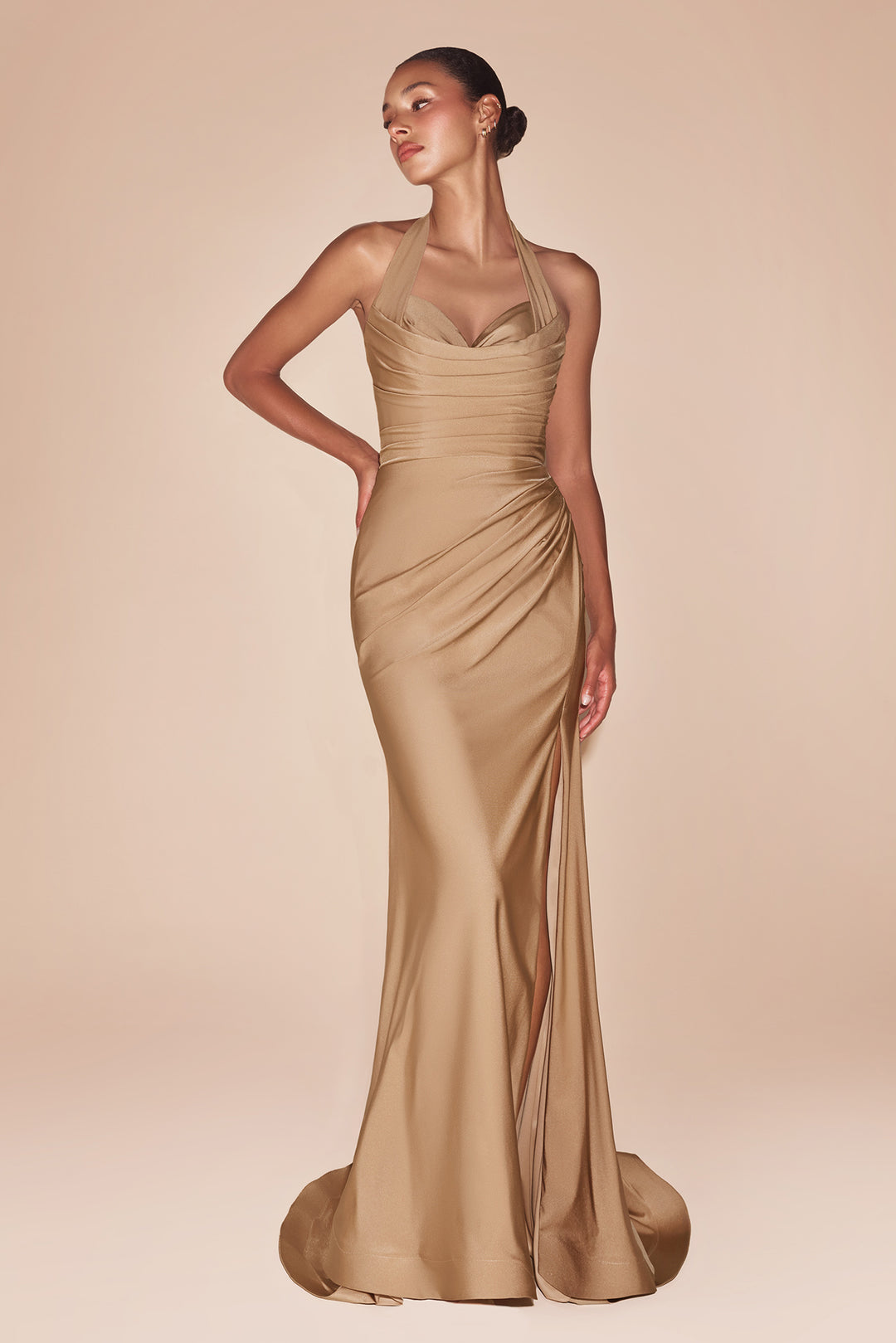 Plus Size Satin Fitted Halter Slit Gown by Ladivine CD796C