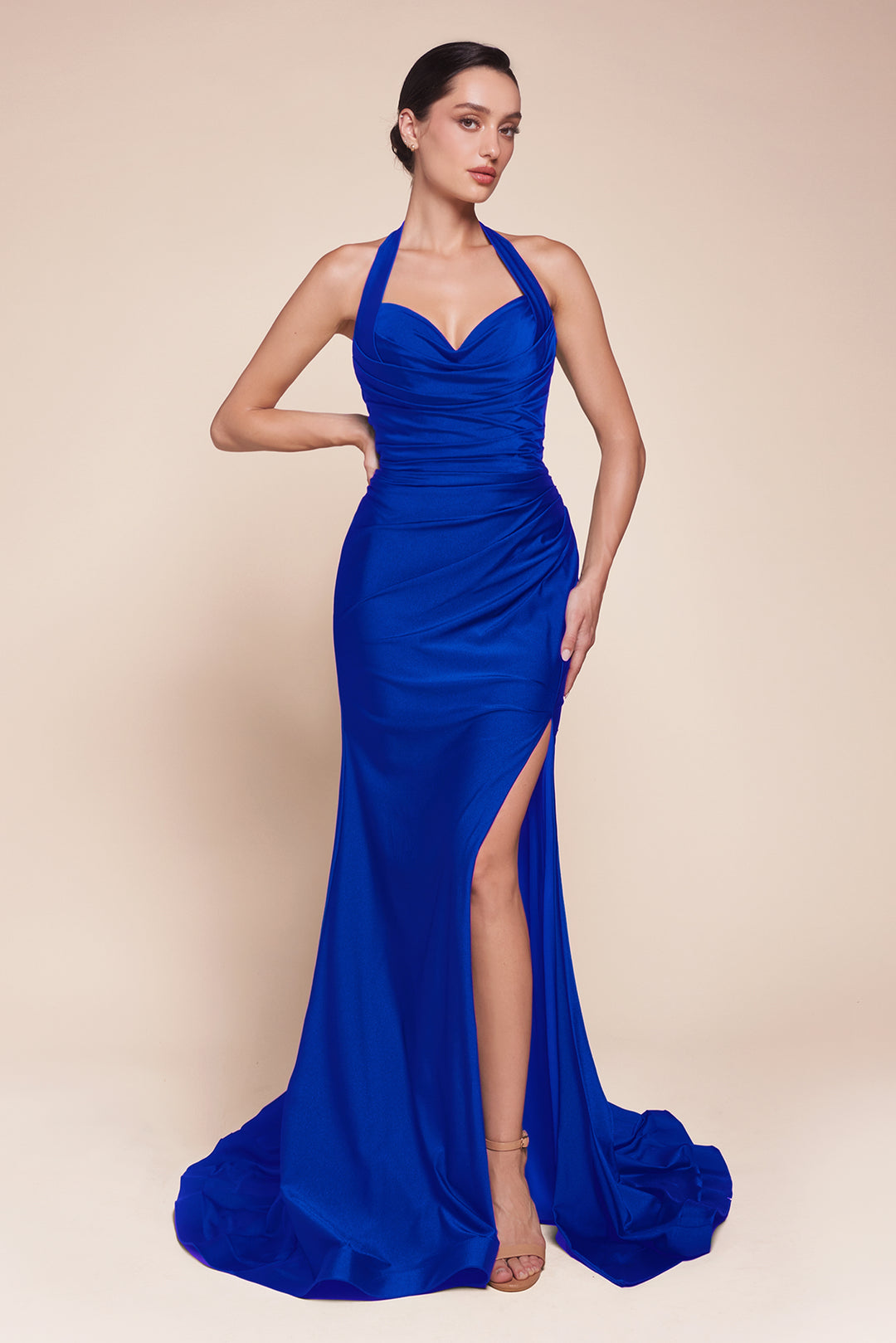 Satin Fitted Long Halter Slit Dress by Ladivine CD796