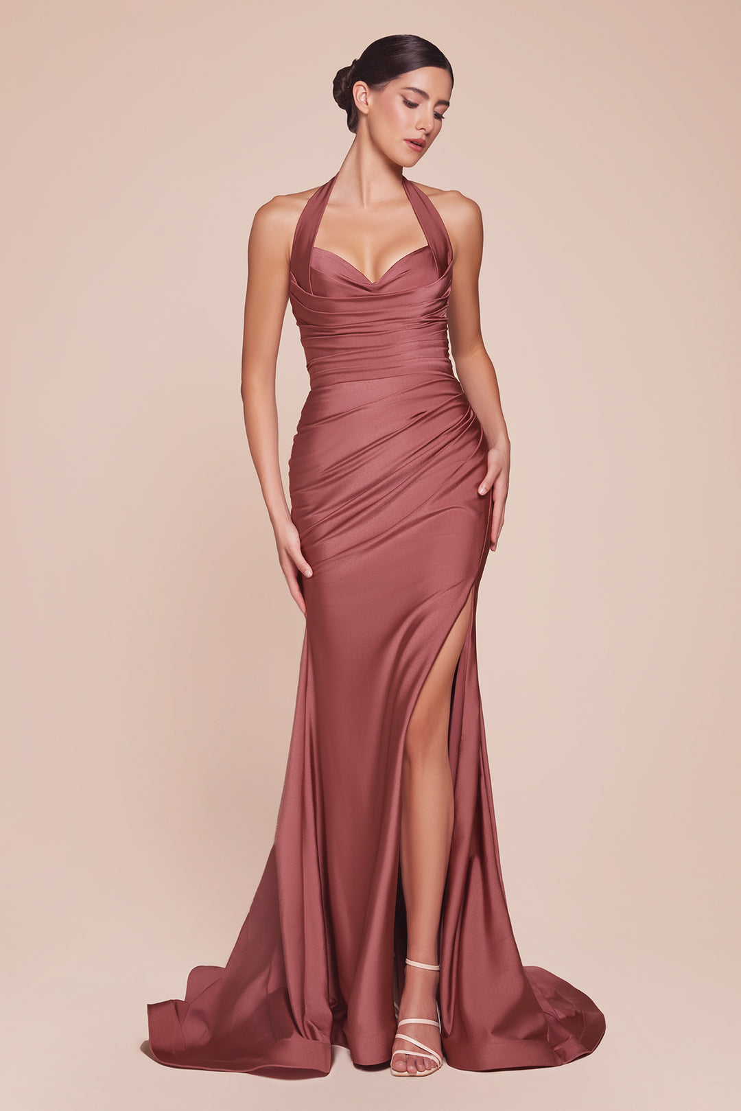 Satin Fitted Long Halter Slit Dress by Ladivine CD796