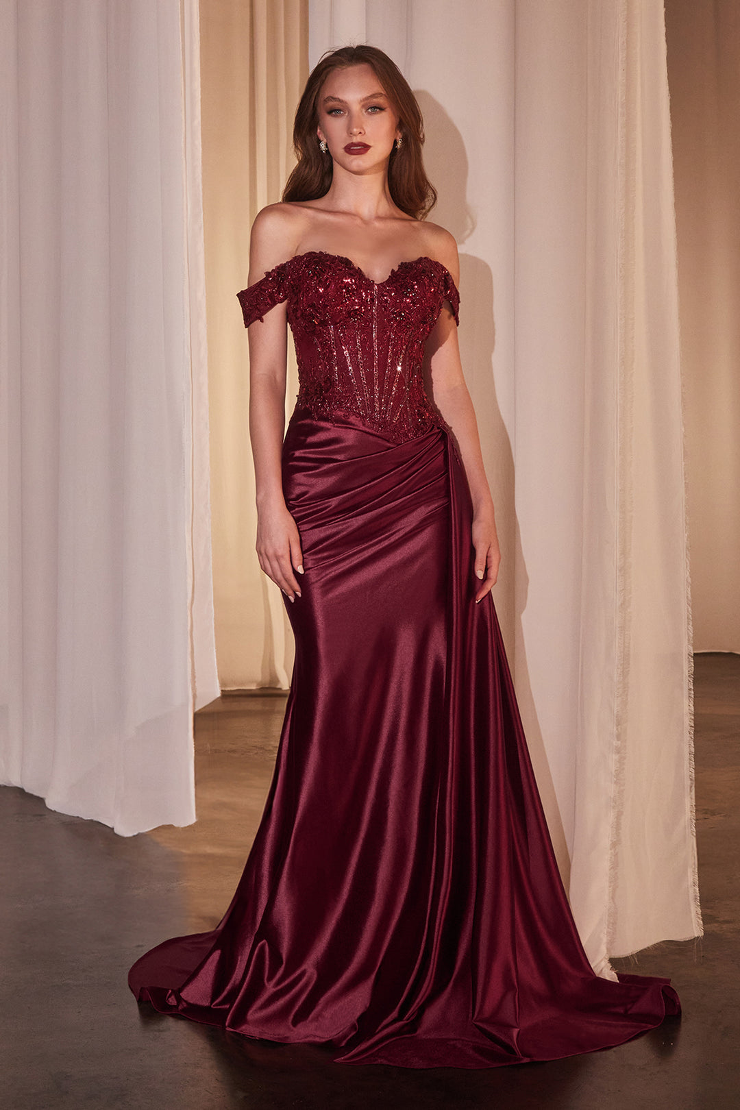 Applique Off Shoulder Slit Gown by Ladivine CD803