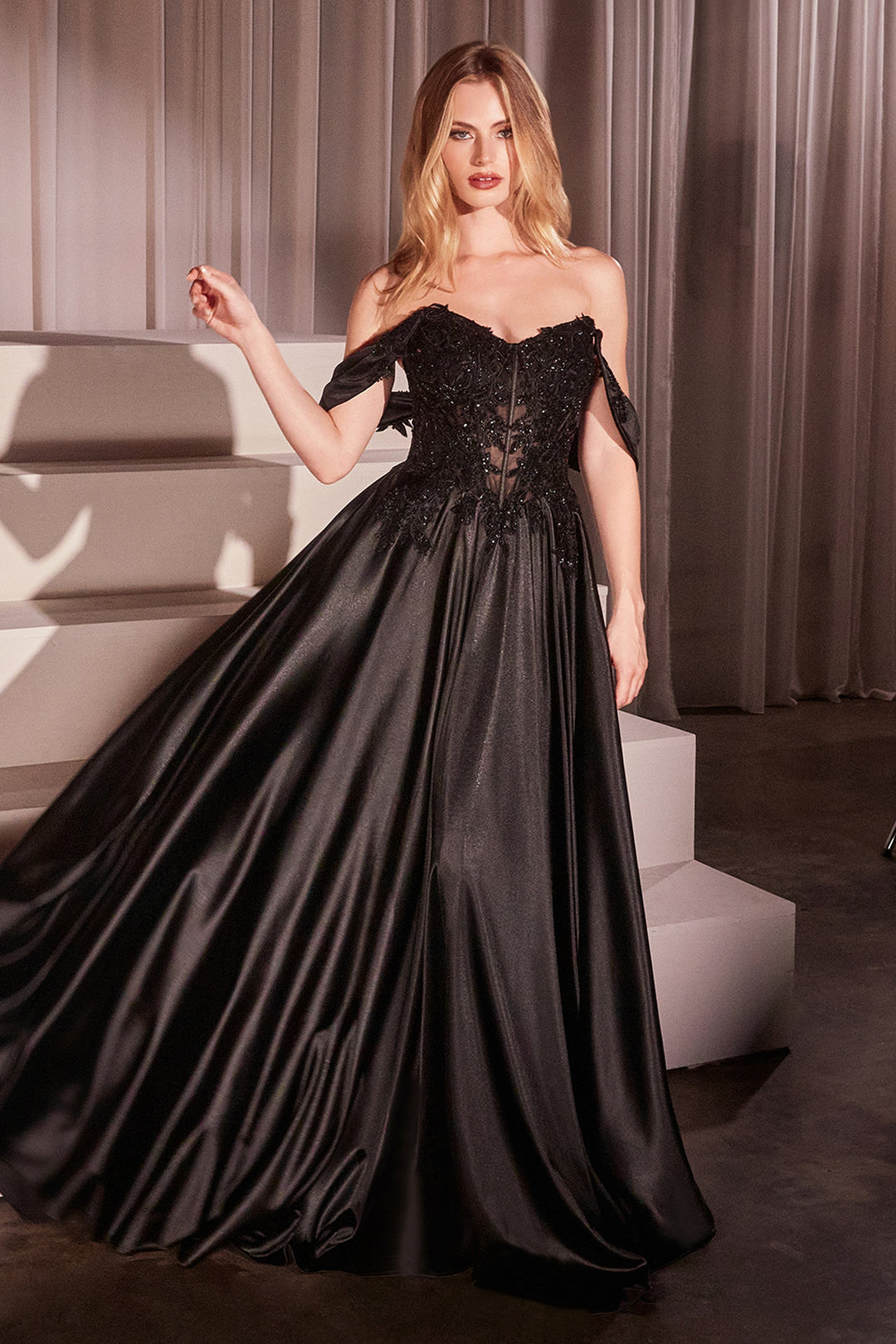 Satin Off Shoulder A-line Gown by Ladivine CDS525