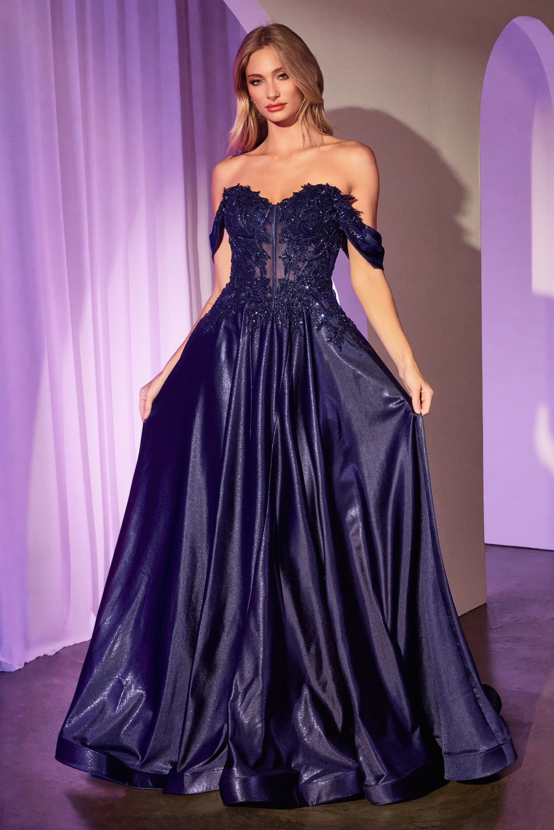 Satin Off Shoulder A-line Gown by Ladivine CDS525