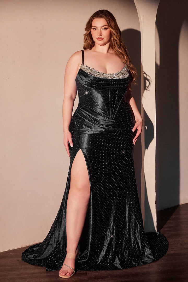 Plus Size Beaded Satin Slit Gown by Ladivine CDS529C