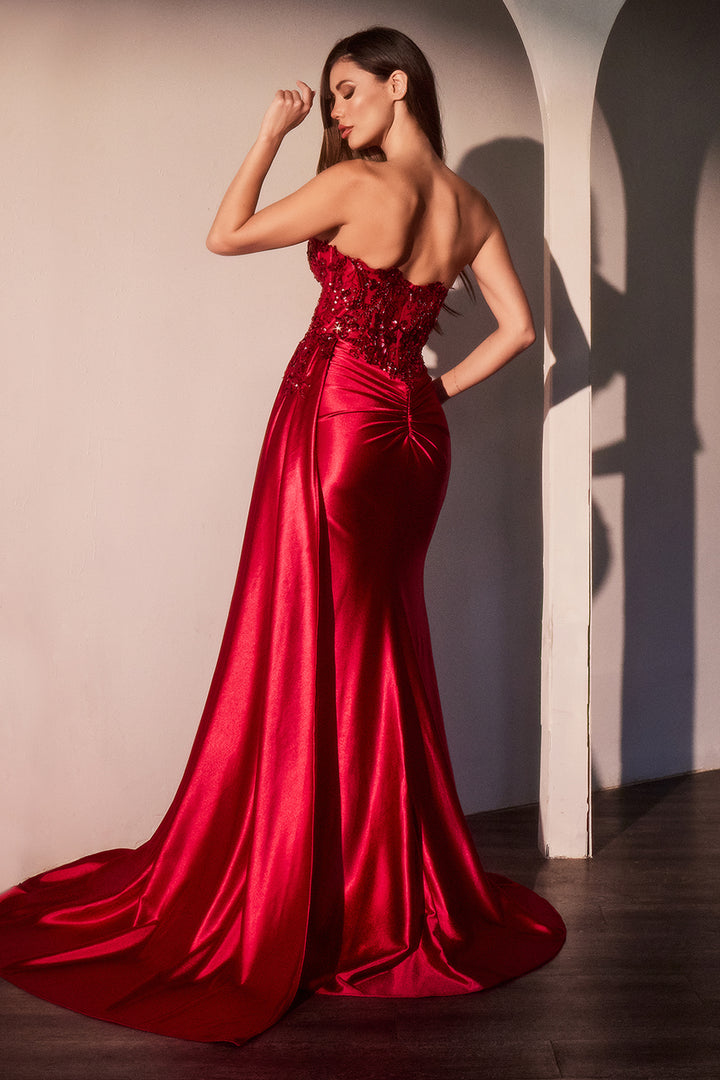 Applique Satin Strapless Slit Gown by Ladivine CDS530