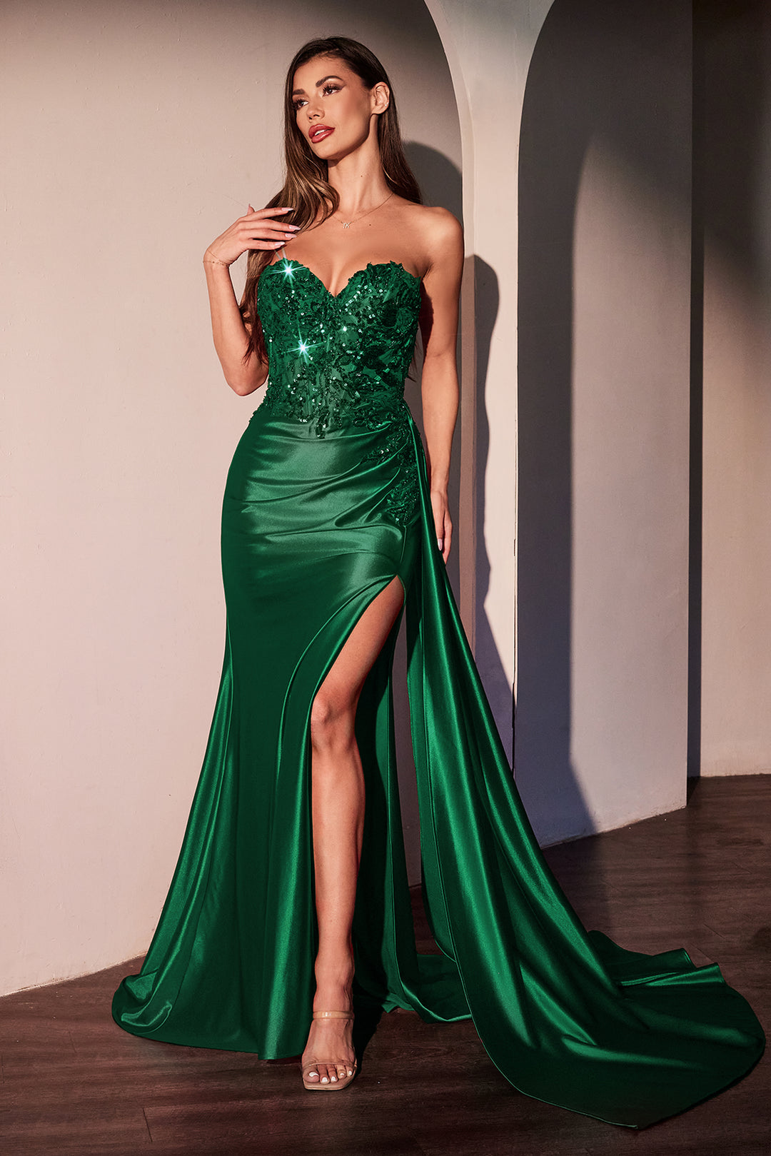 Applique Satin Strapless Slit Gown by Ladivine CDS530