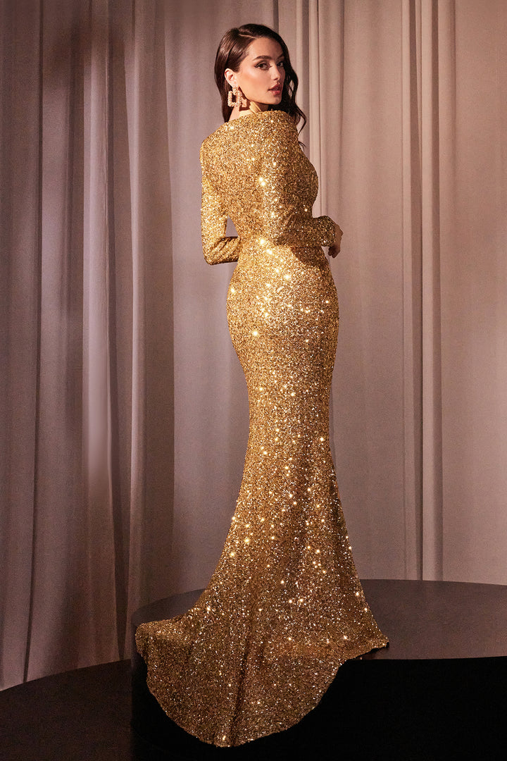 Sequin Fitted Long Sleeve Slit Gown by Ladivine CH054 - Outlet