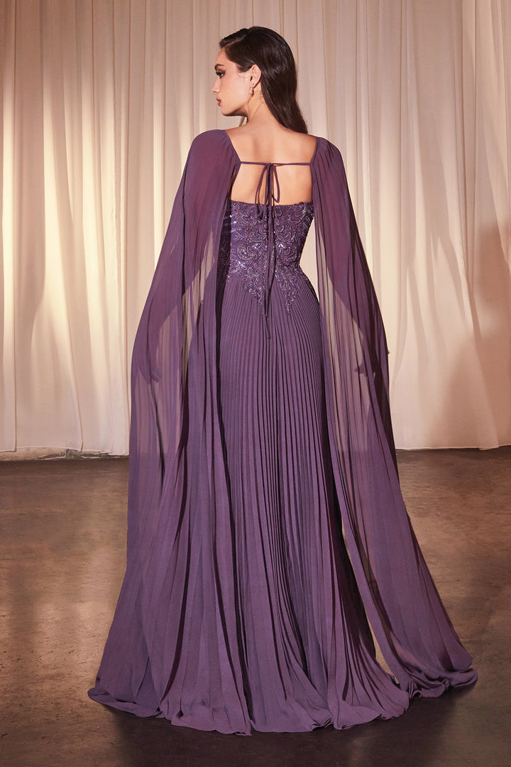 Pleated Cape Sleeve A-line Gown by Ladivine CJ937