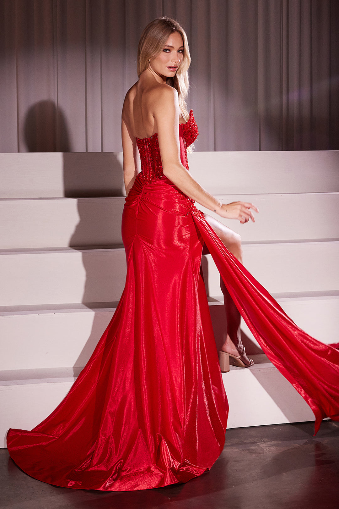 Applique Taffeta Strapless Slit Gown by Ladivine CM369