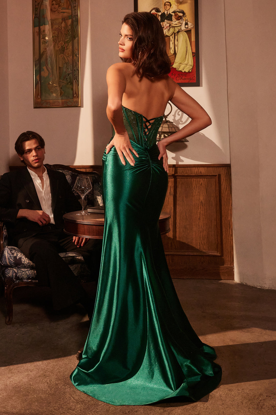 Beaded Satin Strapless Slit Gown by Ladivine CM378