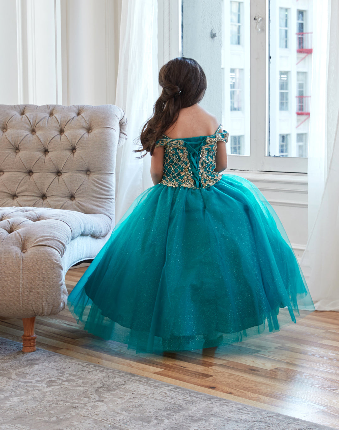 Girls Beaded Off Shoulder Tulle Gown by Calla KY232