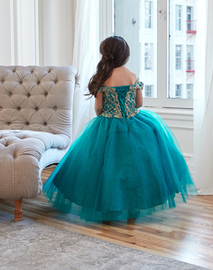 Girls Beaded Off Shoulder Tulle Gown by Calla KY232