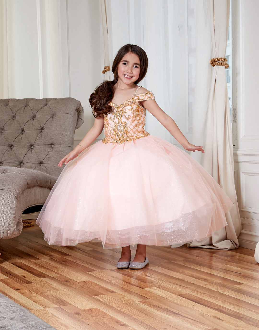 Girls Beaded Off Shoulder Tulle Gown by Calla KY232