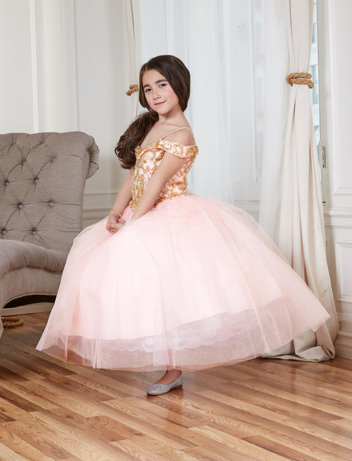 Girls Beaded Off Shoulder Tulle Gown by Calla KY232