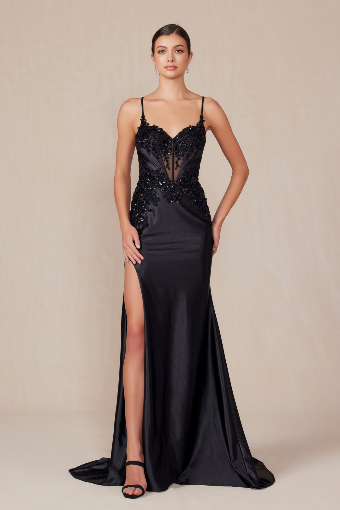 Applique Satin Sleeveless Slit Gown by Nox Anabel E1488