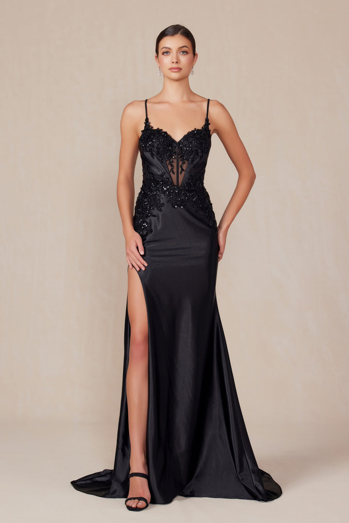 Applique Satin Sleeveless Slit Gown by Nox Anabel E1488