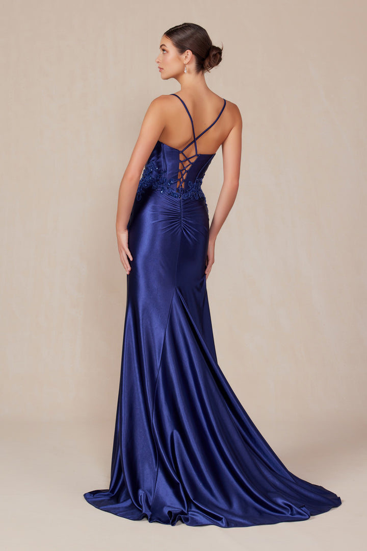 Applique Satin Sleeveless Slit Gown by Nox Anabel E1488