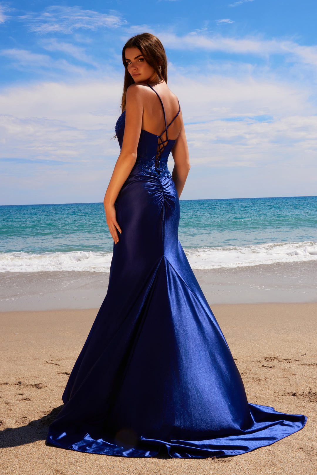 Applique Satin Sleeveless Slit Gown by Nox Anabel E1488