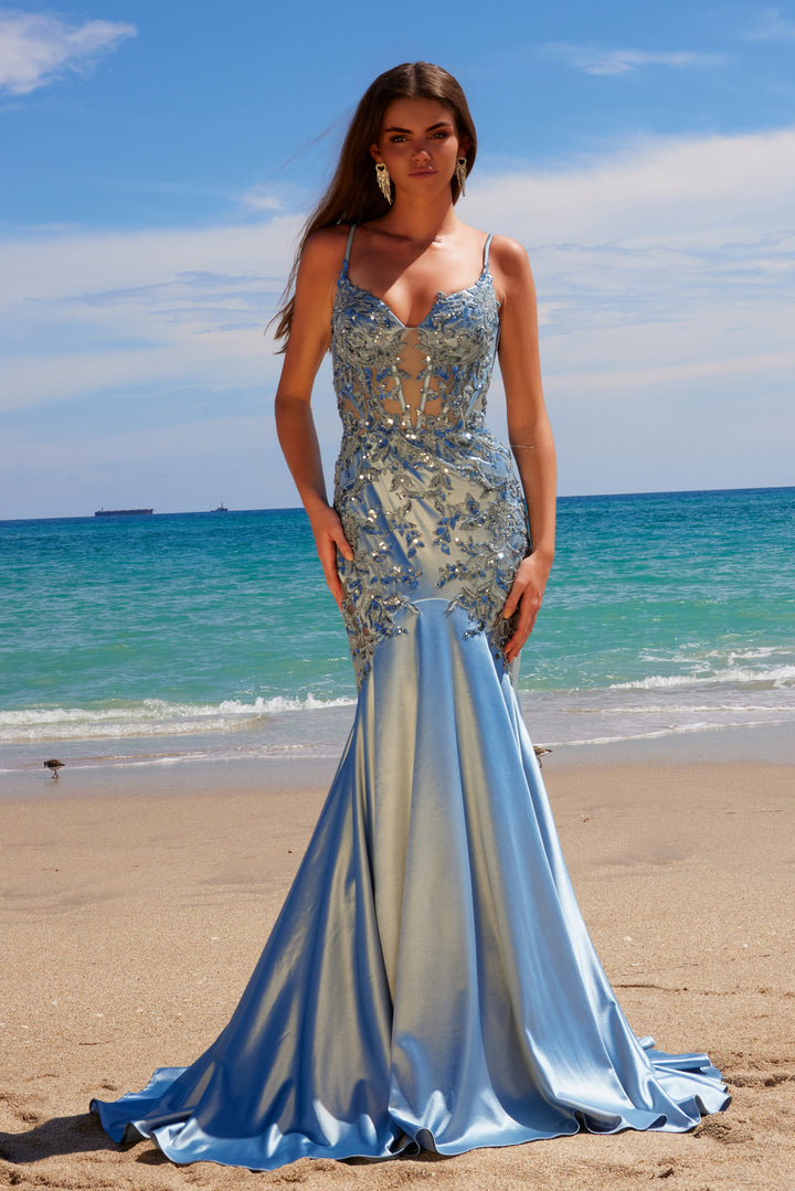 Applique Satin V-Neck Gown by Nox Anabel E1532