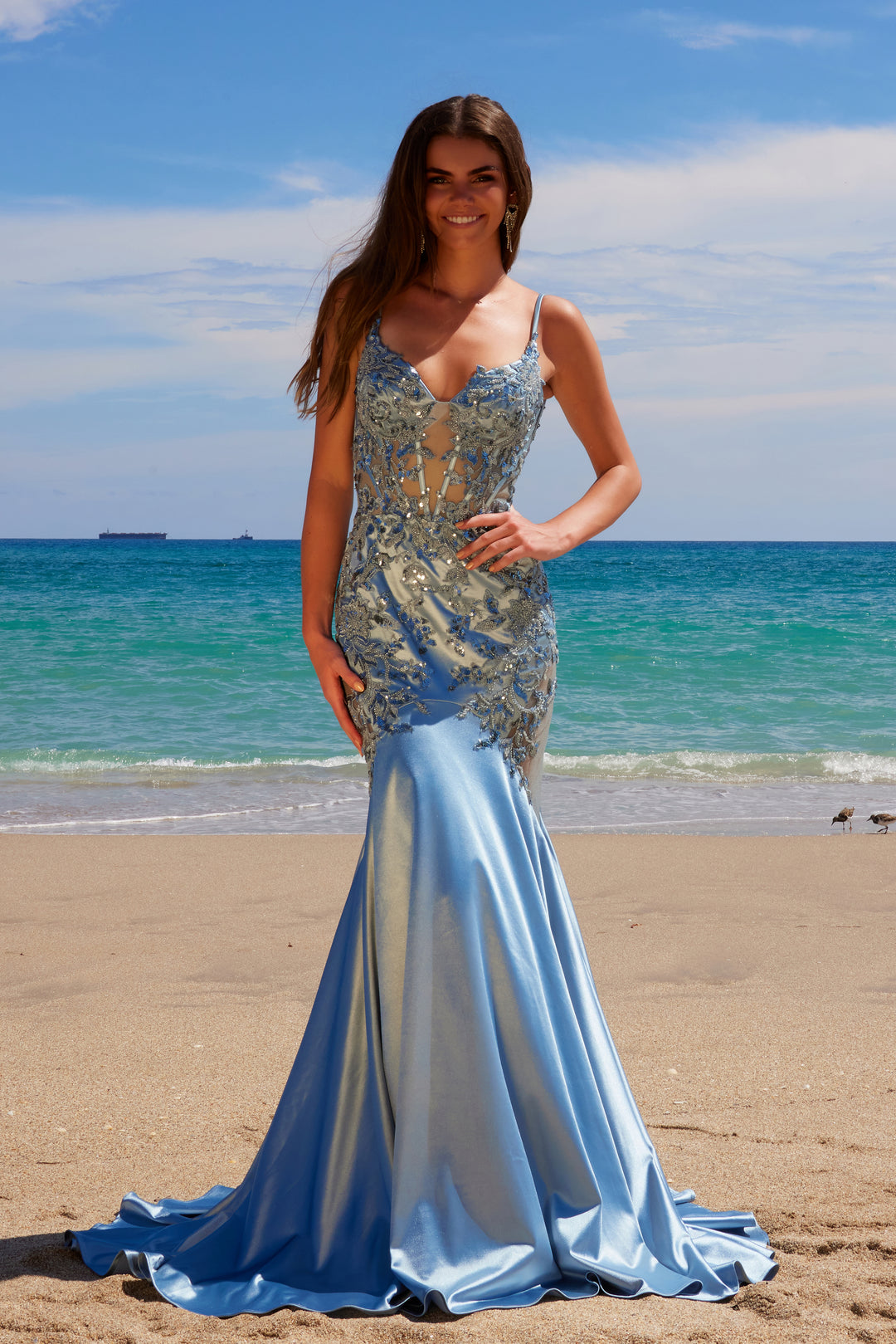 Applique Satin V-Neck Gown by Nox Anabel E1532